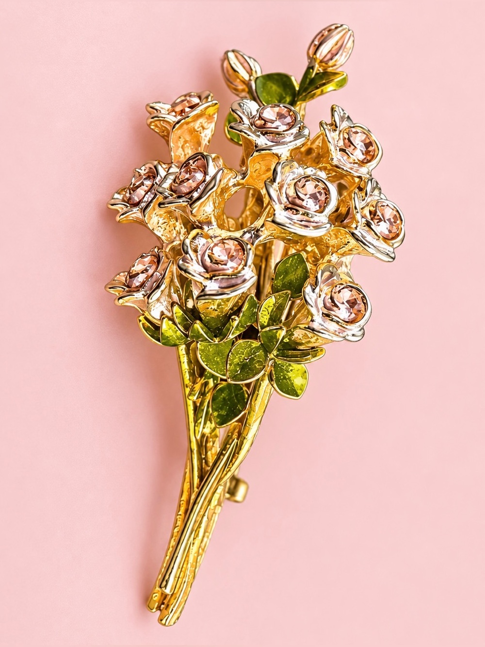 Gold Bouquet Floral Brooch with Blush Crystal Accents